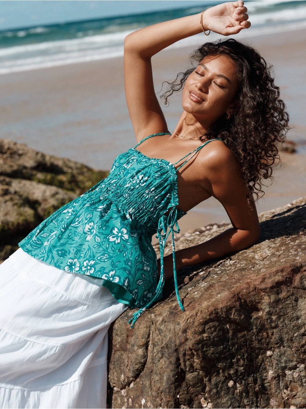 NWOT By Together Teal Floral Smocked Sleeveless Top